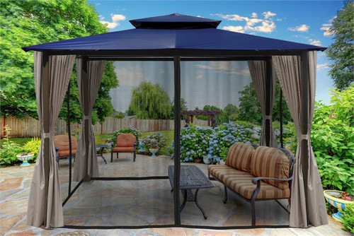 Paragon Outdoor Barcelona 10x12 Gazebo with Navy Top, Mosquito Netting, Privacy Curtains
