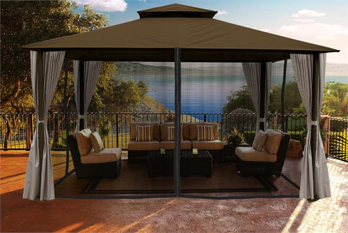 Paragon Outdoor Kingsbury 11x14 Gazebo with Cocoa Top, Mosquito Netting, Privacy Curtains