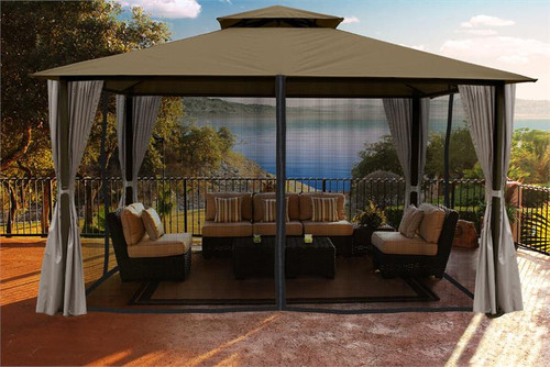 Paragon Outdoor Kingsbury 11x14 Gazebo with Sand Top, Mosquito Netting, Privacy Curtains