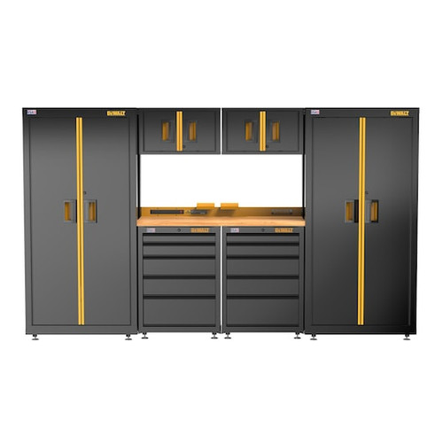 DEWALT 126 in. Wide, 7 Piece Welded Storage Suite with 2, 5-Drawer Base Cabinets and Wood Top