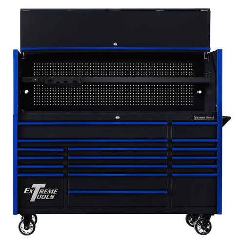 Extreme Tools 72" DX Series 17-Drawer 21" Deep Roller Cabinet w/Hutch - Black w/Blue Drawer Pulls