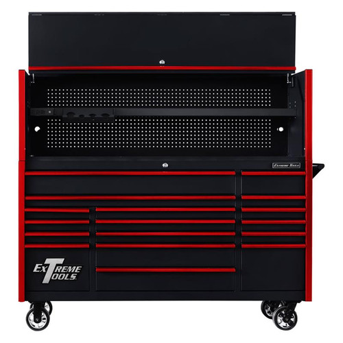 Extreme Tools 72" DX Series 17-Drawer 21" Deep Roller Cabinet w/Hutch - Black w/Red Drawer Pulls