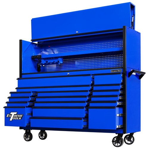 Extreme Tools 72" DX Series 17-Drawer 21" Deep Roller Cabinet w/Hutch - Blue w/Black Drawer Pulls