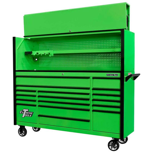 Extreme Tools 72" DX Series 17-Drawer 21" Deep Roller Cabinet w/Hutch - Green w/Black Drawer Pulls
