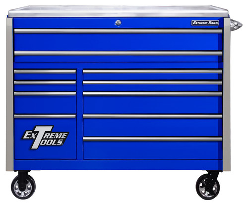 Extreme Tools EXQ Series 55" 11-Drawer Professional Roller Cabinet w/ Stainless Steel Top - Blue w/Chrome Drawer Pulls