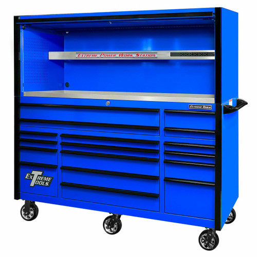 Extreme Tools EXQ Series 72" 17-Drawer Professional Triple Bank Roller and Hutch Combo - Blue w/Black Drawer Pulls