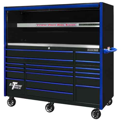 Extreme Tools EXQ Series 72" 17-Drawer Professional Triple Bank Roller and Hutch Combo - Black w/Blue Drawer Pulls