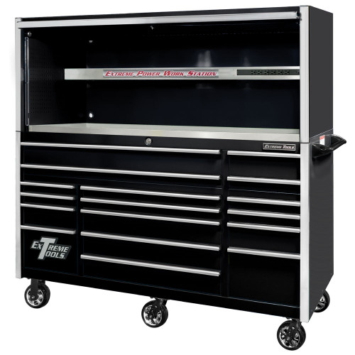 Extreme Tools EXQ Series 72" 17-Drawer Professional Triple Bank Roller and Hutch Combo - Black w/Chrome Drawer Pulls
