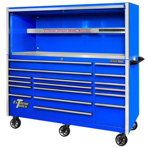 Extreme Tools EXQ Series 72" 17-Drawer Professional Triple Bank Roller and Hutch Combo - Blue w/Chrome Drawer Pulls