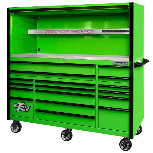 Extreme Tools EXQ Series 72" 17-Drawer Professional Triple Bank Roller and Hutch Combo - Green w/Black Drawer Pulls