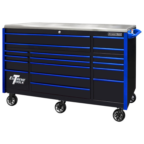 Extreme Tools EXQ Series 72" 17-Drawer Professional Triple Bank Roller - Black w/Blue Drawer Pulls