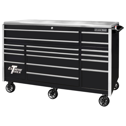 Extreme Tools EXQ Series 72" 17-Drawer Professional Triple Bank Roller - Black w/Chrome Drawer Pulls