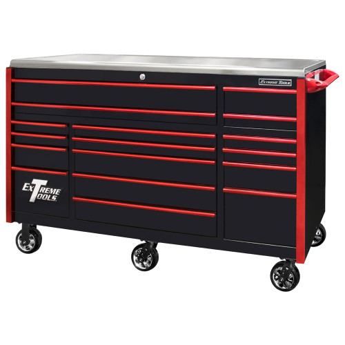 Extreme Tools EXQ Series 72" 17-Drawer Professional Triple Bank Roller - Black w/Red Drawer Pulls