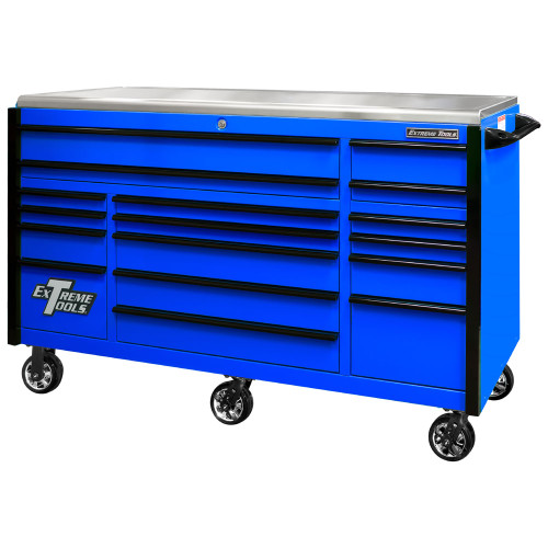 Extreme Tools EXQ Series 72" 17-Drawer Professional Triple Bank Roller - Blue w/Black Drawer Pulls