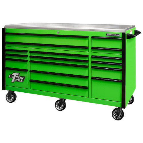 Extreme Tools EXQ Series 72" 17-Drawer Professional Triple Bank Roller - Green w/Black Drawer Pulls