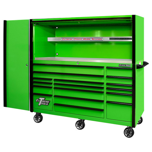 Extreme Tools EXQ Series 72" 17-Drawer Professional  Triple Bank Roller, Hutch & Side Locker - Green w/Black Drawer Pulls