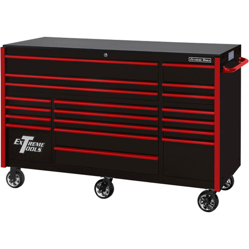 Extreme Tools 72" RX Series 19-Drawer 25" Deep Roller Cabinet, 150 lb Slides - Black w/Red Handles