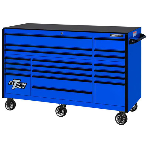 Extreme Tools 72" RX Series 19-Drawer 30" Deep Roller Cabinet - Blue w/Black Drawer Pulls