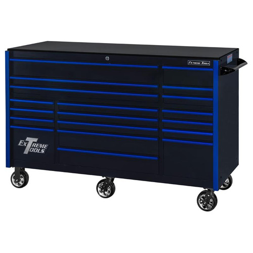 Extreme Tools 72" RX Series 19-Drawer 30" Deep Roller Cabinet - Black w/Blue Drawer Pulls