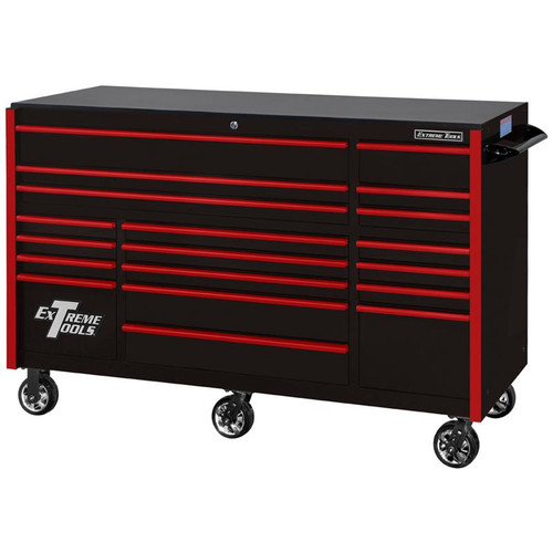Extreme Tools 72" RX Series 19-Drawer 30" Deep Roller Cabinet - Black w/Red Drawer Pulls