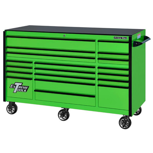Extreme Tools 72" RX Series 19-Drawer 30" Deep Roller Cabinet - Green w/Black Drawer Pulls