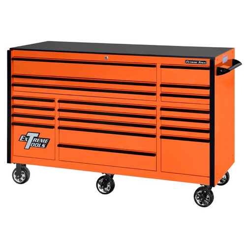 Extreme Tools 72" RX Series 19-Drawer 30" Deep Roller Cabinet - Orange w/Black Drawer Pulls