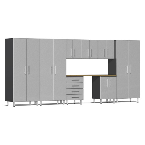 Ulti-MATE Garage 2.0 Series Silver Metallic 9-Piece Cabinet Set with Bamboo Worktop