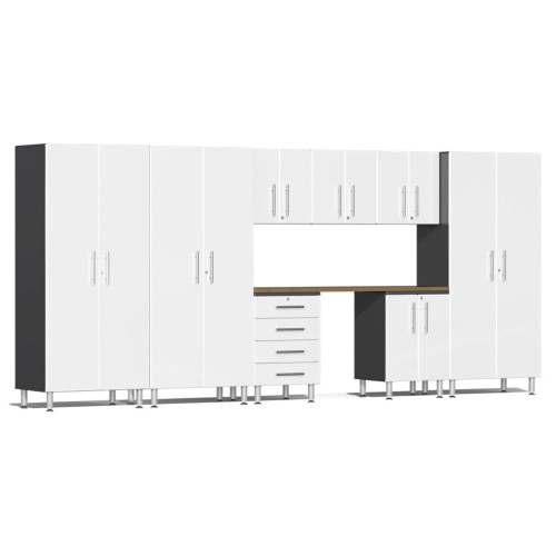 Ulti-MATE Garage 2.0 Series White Metallic 9-Piece Cabinet Set with Bamboo Worktop